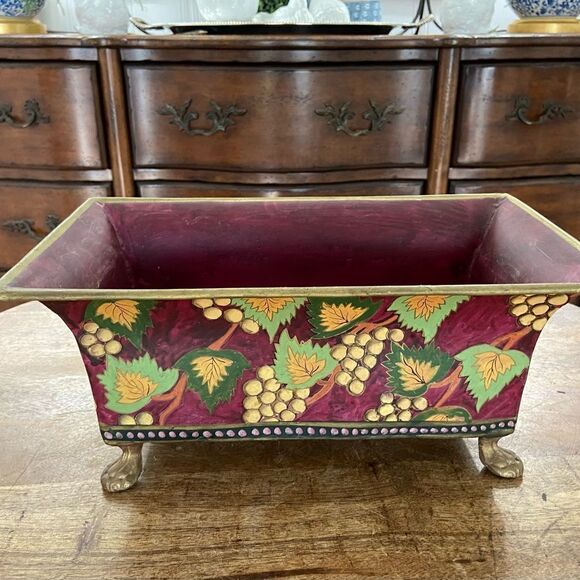Vintage hand painted metal toleware footed planter cachepot - Picture 4 of 5